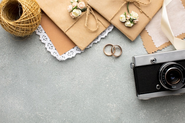 Retro camera copy space wedding beauty concept