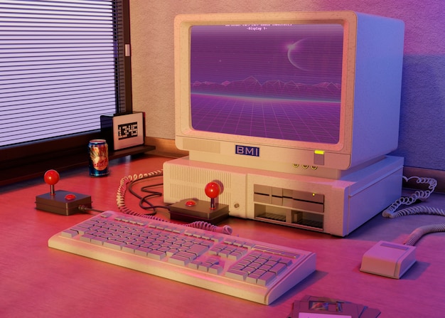 Retro computer on desk arrangement