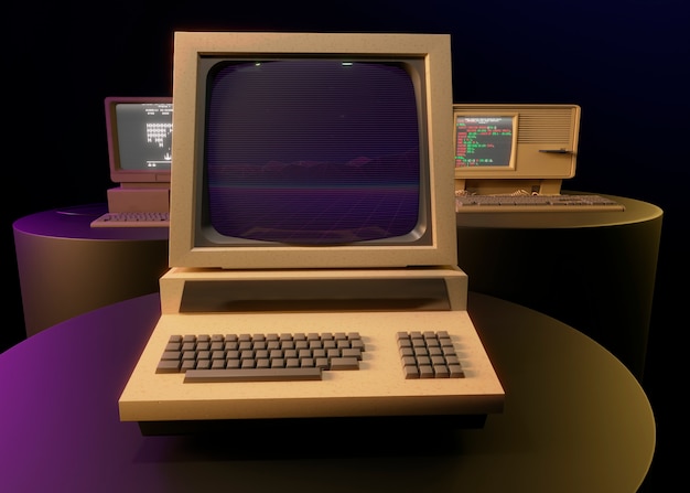 Free photo retro computer on desk arrangement