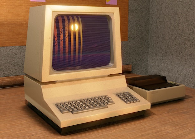 Free photo retro computer on desk arrangement