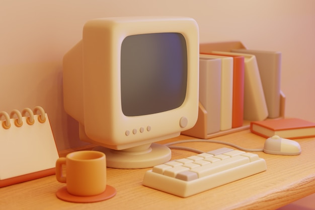 Free photo retro computer on desk arrangement