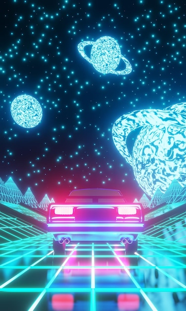 Free Photo retro scene of car traveling in sci fi landscape toward a planet. 3d render. synthwave vj theme. vertical view