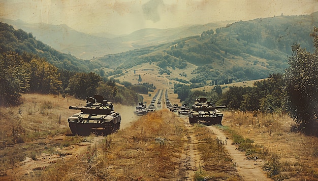 Retro style view of combat tank vehicle during war time