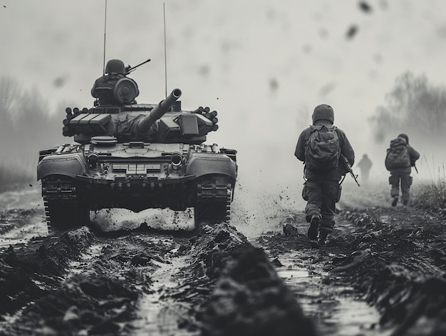 Retro style view of combat tank vehicle during war time