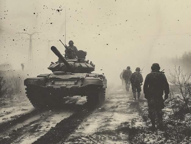 Retro style view of combat tank vehicle during war time