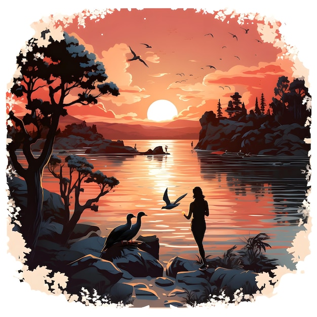 Free photo retro sunset landscape illustration