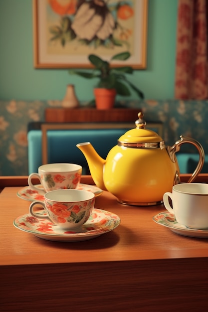 Retro tea set on table