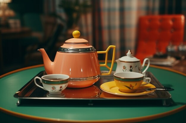 Retro tea set on table