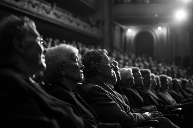 Retro world theatre day scenes with audience sitting in the stalls of a theatre