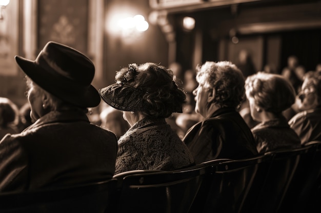 Retro world theatre day scenes with audience sitting in the stalls of a theatre