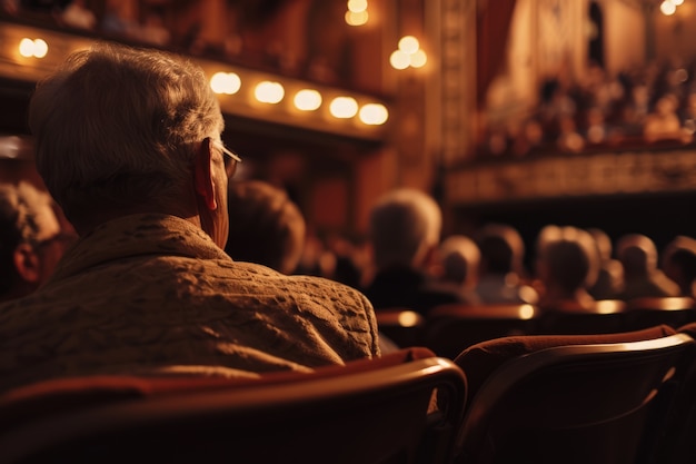 Retro world theatre day scenes with audience sitting in the stalls of a theatre