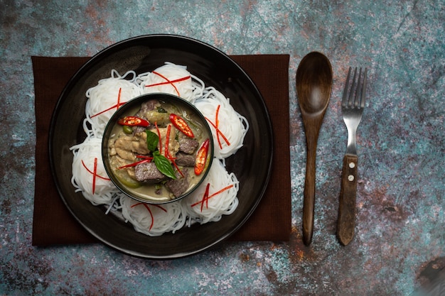 Rice Noodles, Chicken Green Curry, Coconut Milk Thai Food.