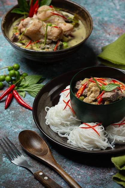 Rice Noodles, Chicken Green Curry, Coconut Milk Thai Food.