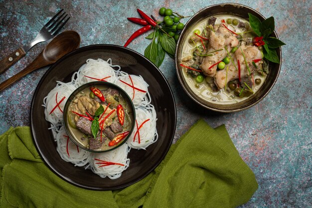 Rice Noodles, Chicken Green Curry, Coconut Milk Thai Food.