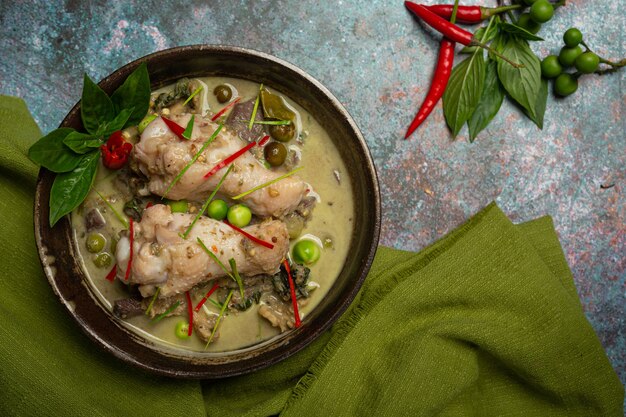 Rice Noodles, Chicken Green Curry, Coconut Milk Thai Food.