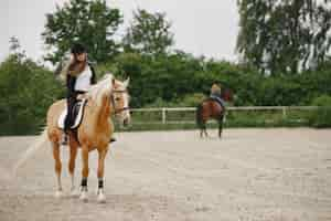 Free photo rider woman riding her horse on a ranch. woman has long hair and black clothes. blurred second rider on a horse on a background.