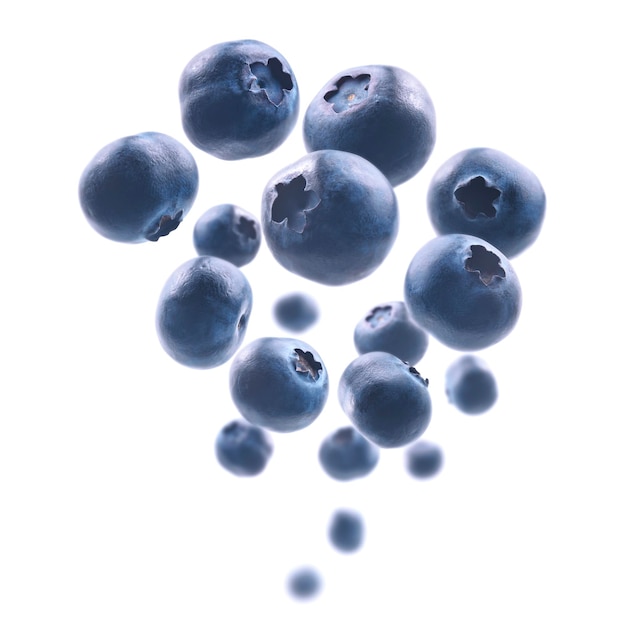 Free photo ripe blueberries levitate on a white background