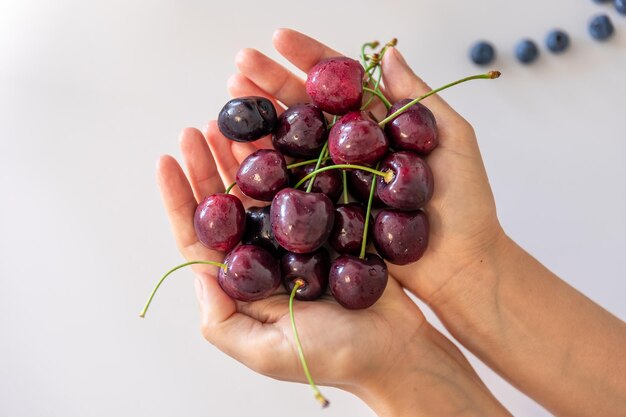 Ripe cherries in female hands on a blurred white background