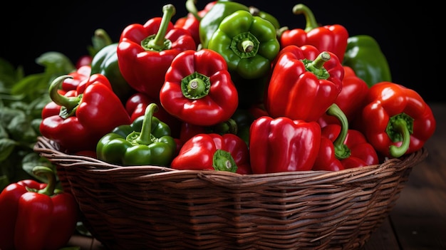 Free photo ripe red bell peppers nestle in a woven basket on a dark wooden table