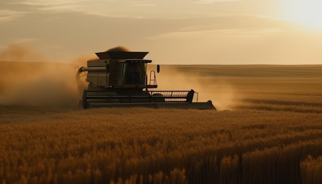 Free photo ripe wheat harvested at sunset with machinery generated by ai