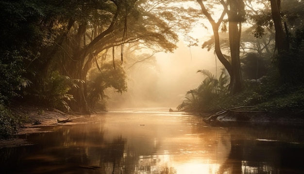 A river in the jungle with a forest in the background