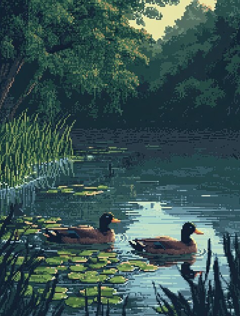 Free Photo river landscape illustration in pixel art style