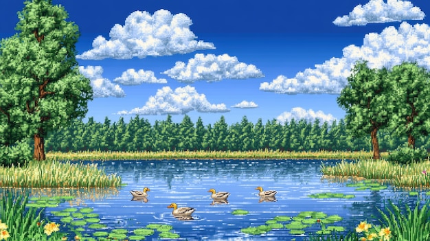 Free Photo river landscape illustration in pixel art style