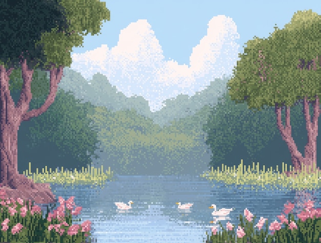 Free Photo river landscape illustration in pixel art style