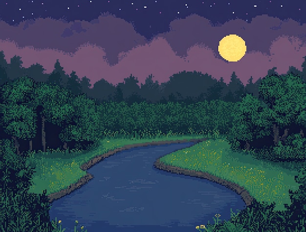 Free Photo river landscape illustration in pixel art style