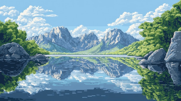 River landscape illustration in pixel art style