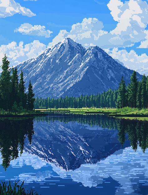 Free Photo river landscape illustration in pixel art style