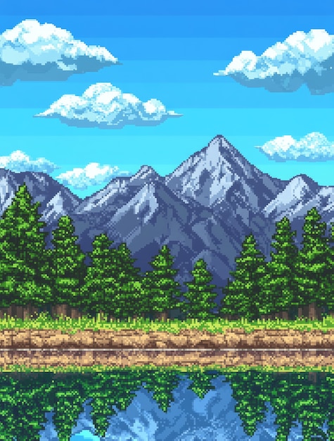 Free photo river landscape illustration in pixel art style