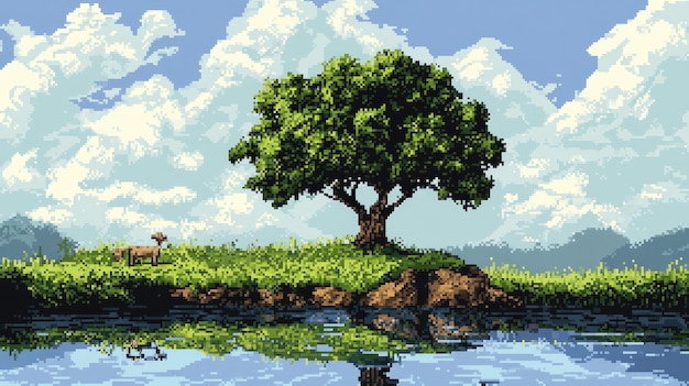 Free Photo river landscape illustration in pixel art style