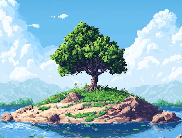 Free photo river landscape illustration in pixel art style