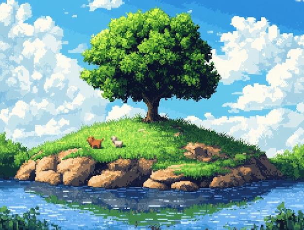 Free photo river landscape illustration in pixel art style