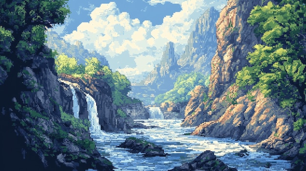 River landscape illustration in pixel art style