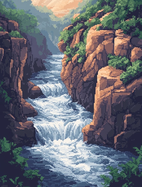 Free photo river landscape illustration in pixel art style