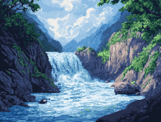 Free Photo river landscape illustration in pixel art style