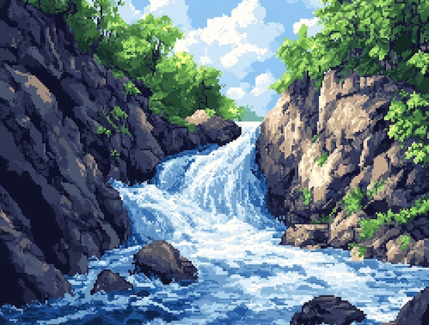 Free photo river landscape illustration in pixel art style