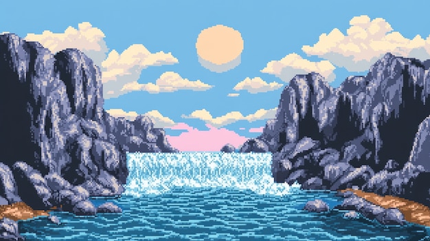 Free photo river landscape illustration in pixel art style