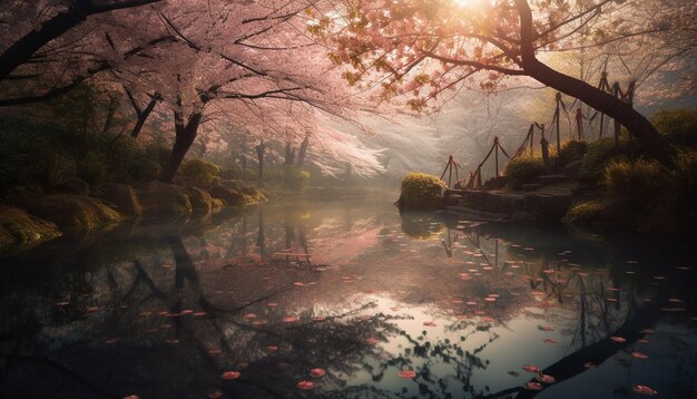 A river with a bridge and a bridge with pink flowers