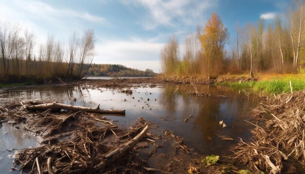 A river with a tree stump in the foreground and a blue sky with clouds in the background.