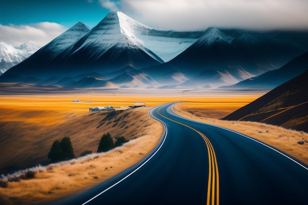 A road leading to a mountain range