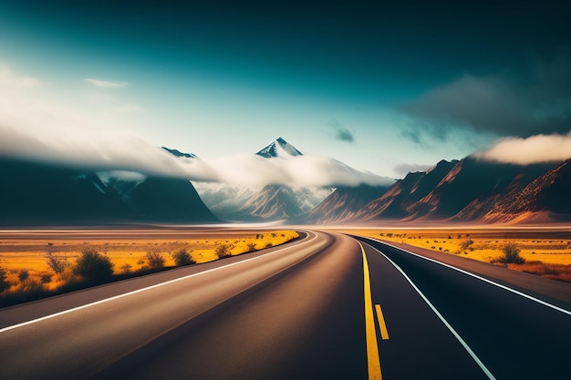 A road leading to mountains with a blue sky and clouds