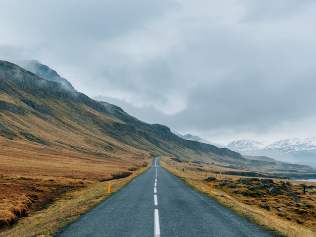 Free photo road surrounded by rocks covered in greenery and snow under a cloudy sky and fog