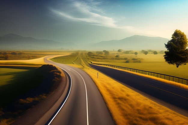 Free photo a road with a field and mountains in the background