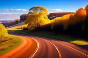 Free photo a road with a yellow tree in the foreground