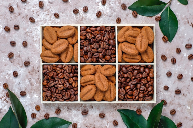 Roasted coffee beans and coffee bean shaped cookies