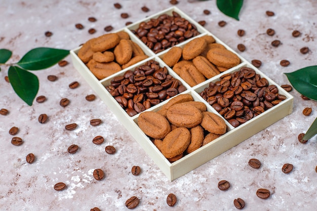 Roasted coffee beans and coffee bean shaped cookies