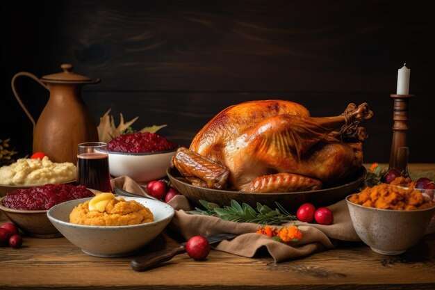 Roasted turkey for Thanksgiving dinner on wooden table AI generative